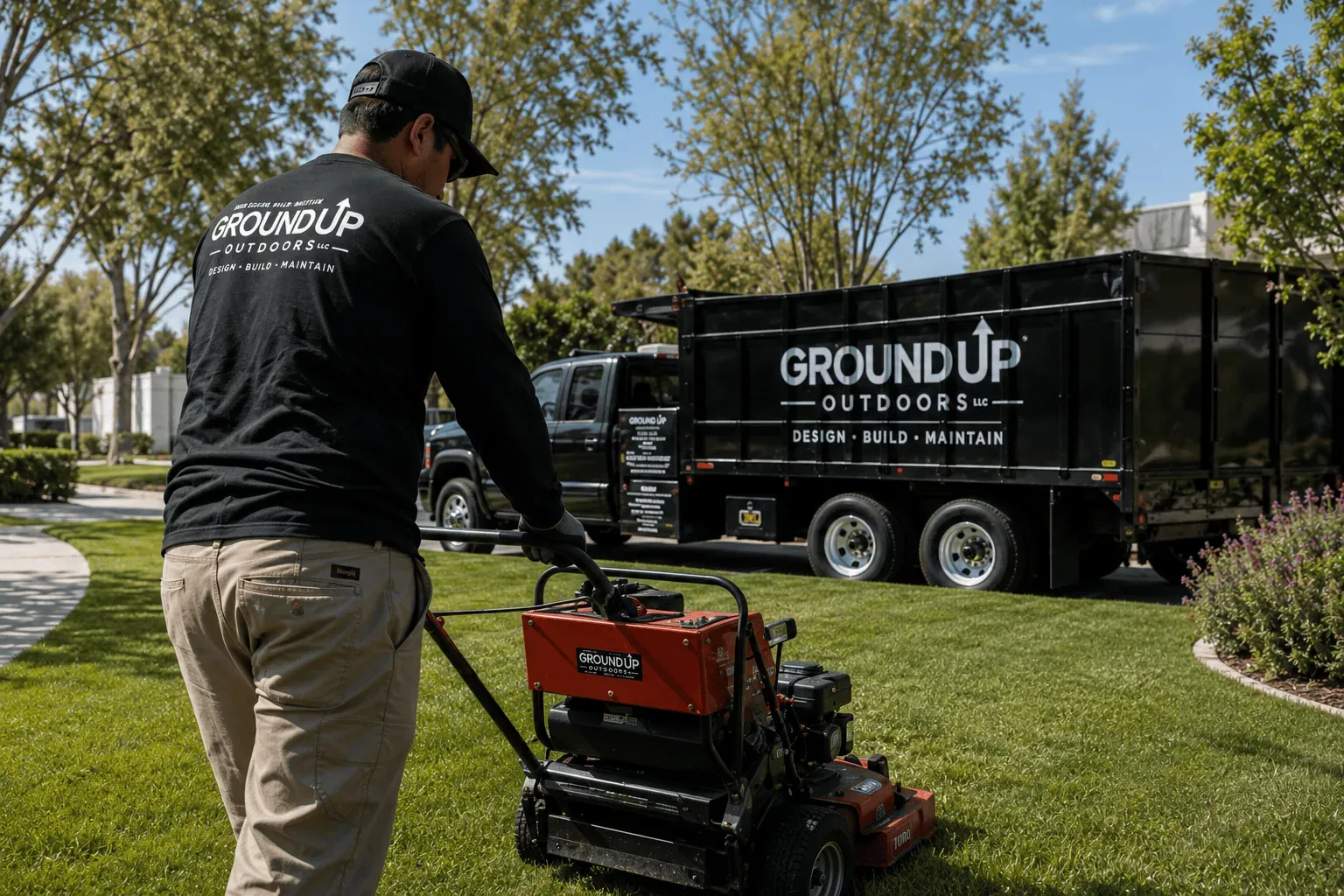 Ground Up Outdoors crew performing lawn care on a sunny Southern California property
