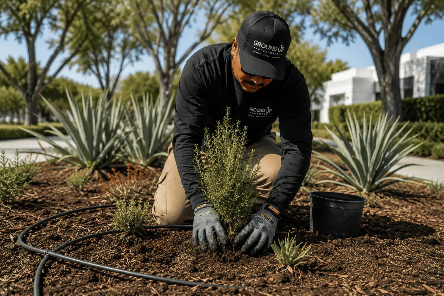 Long-tenured Ground Up Outdoors crew member hand-working a planted Southern California garden bed