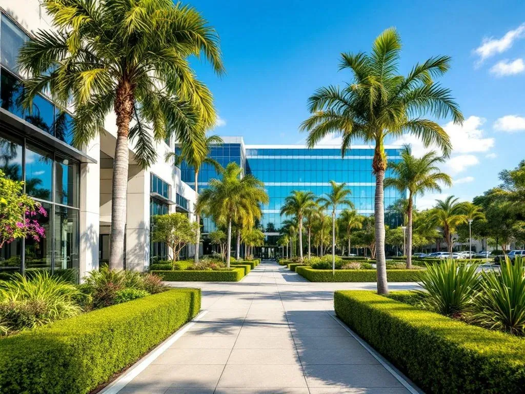 Manicured commercial property entrance with hedges and seasonal color in Southern California