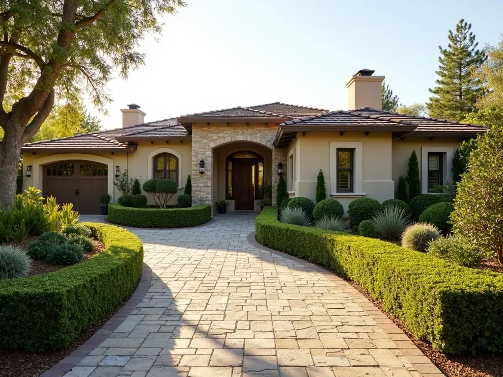 Upscale Southern California residential estate front yard with sculpted hedges, drought-tolerant palette, and Spanish-style stucco home