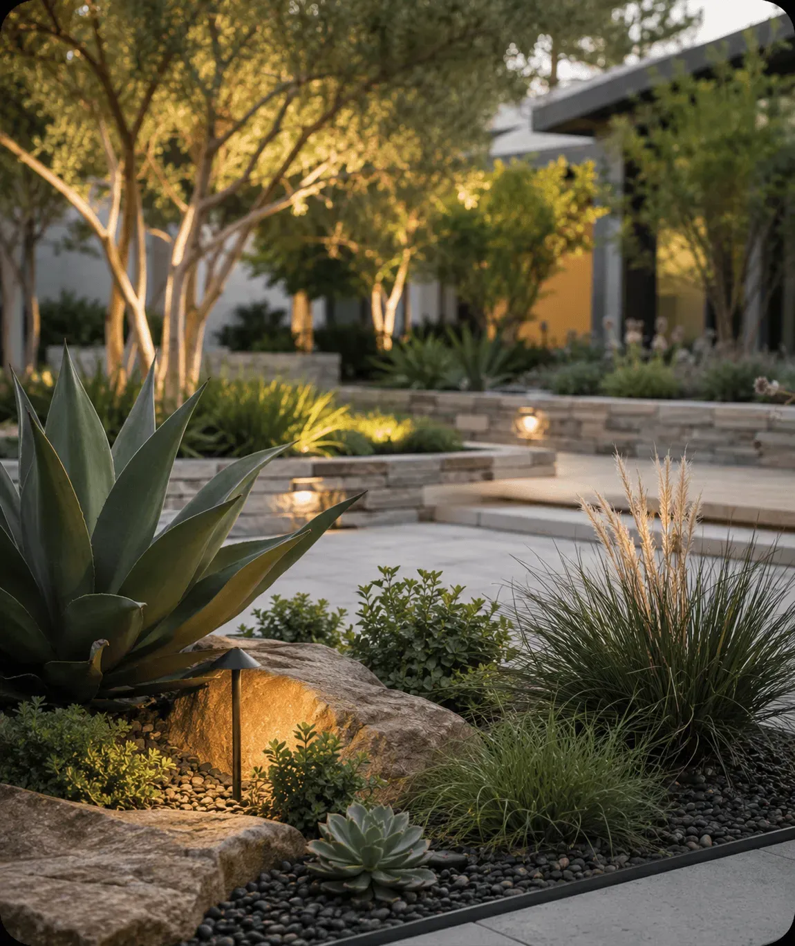Manicured Southern California modern garden with agave, succulents, stonework, and accent lighting at dusk