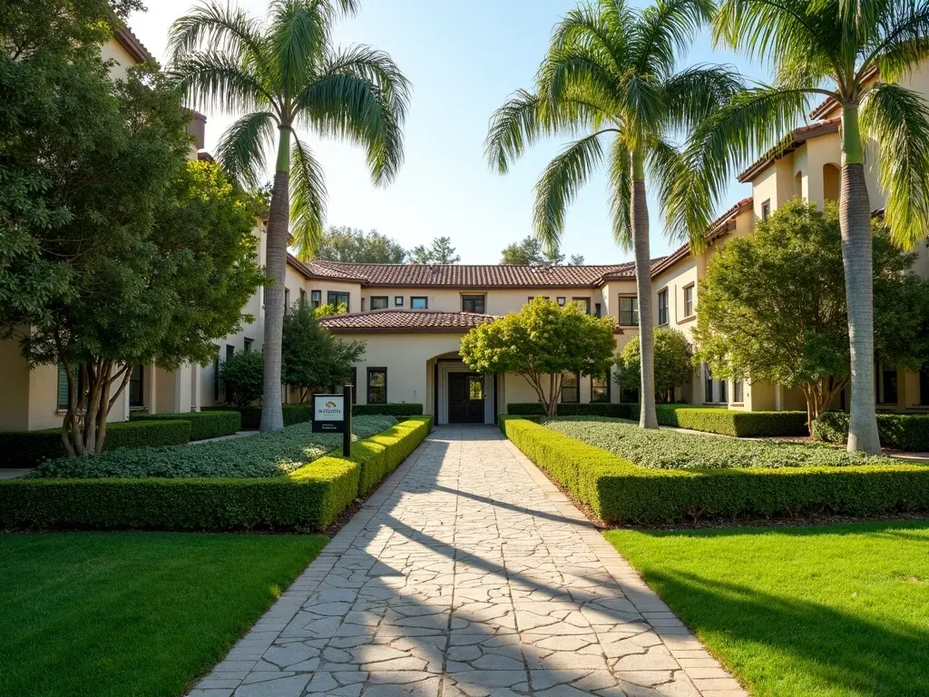 Manicured Southern California HOA common-area entrance with clipped hedges, decomposed-granite path, and palm trees