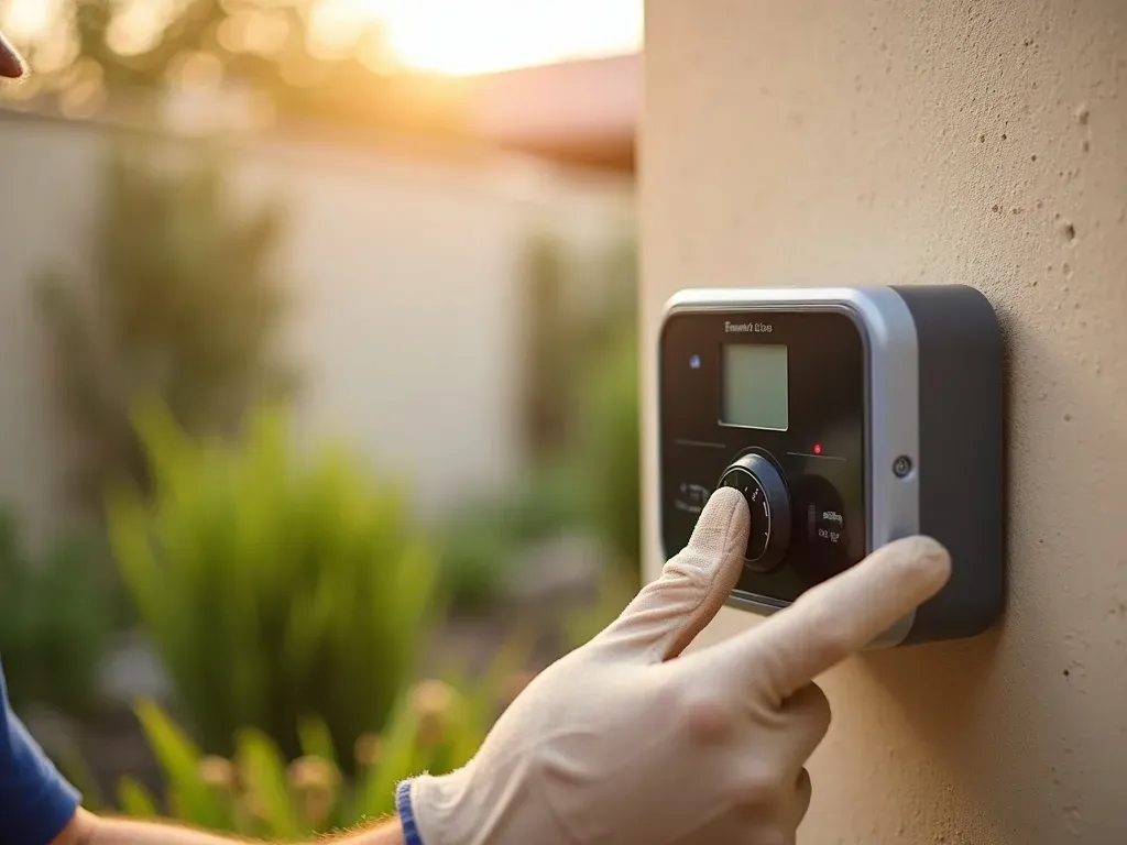 Technician adjusting a wall-mounted smart irrigation controller on a Southern California stucco exterior