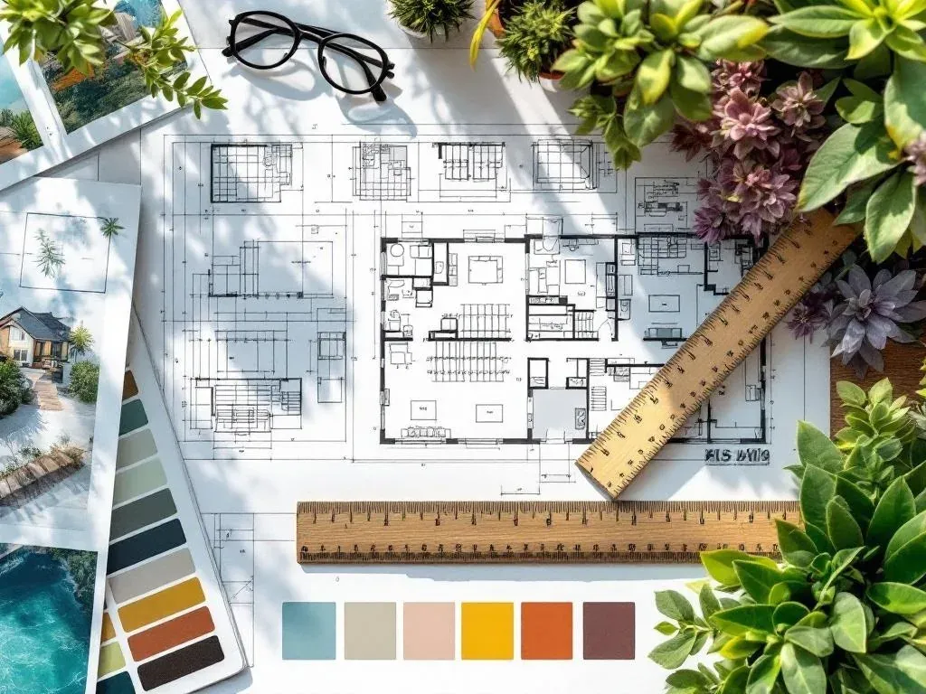Hand-drawn Southern California landscape design plan with plant palette and reading glasses