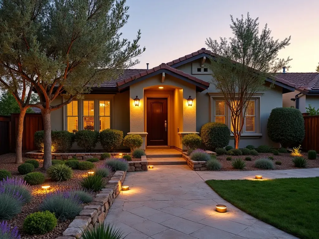Refreshed Southern California front yard with new low-voltage lighting, stone retaining wall, and drought-tolerant plants at golden hour