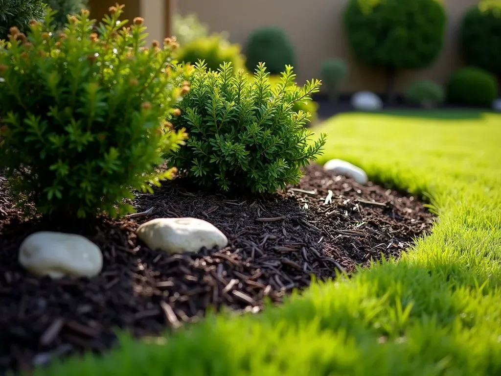 Freshly applied dark bark mulch around shrubs in a manicured Southern California garden bed with a crisp lawn edge