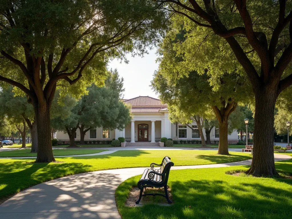 Well-maintained Southern California civic park grounds with mature shade trees, trimmed lawn, and benches along a curving sidewalk