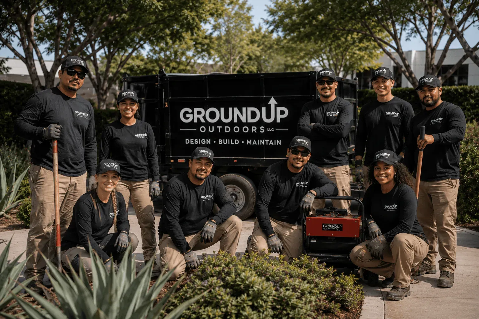 Ground Up Outdoors team on-site at a finished Southern California landscape — family-owned, licensed and insured landscape design, build, and maintenance crew based in Alta Loma