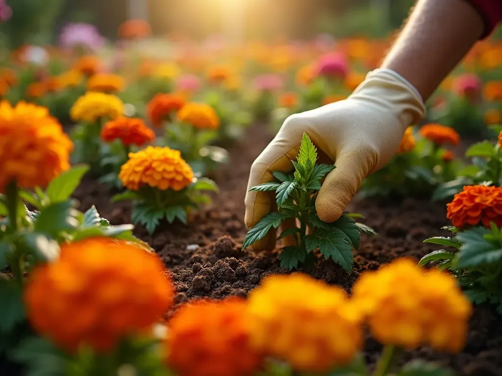 Vibrant seasonal flower bed with marigolds and salvias being planted by a gloved gardener in a Southern California garden