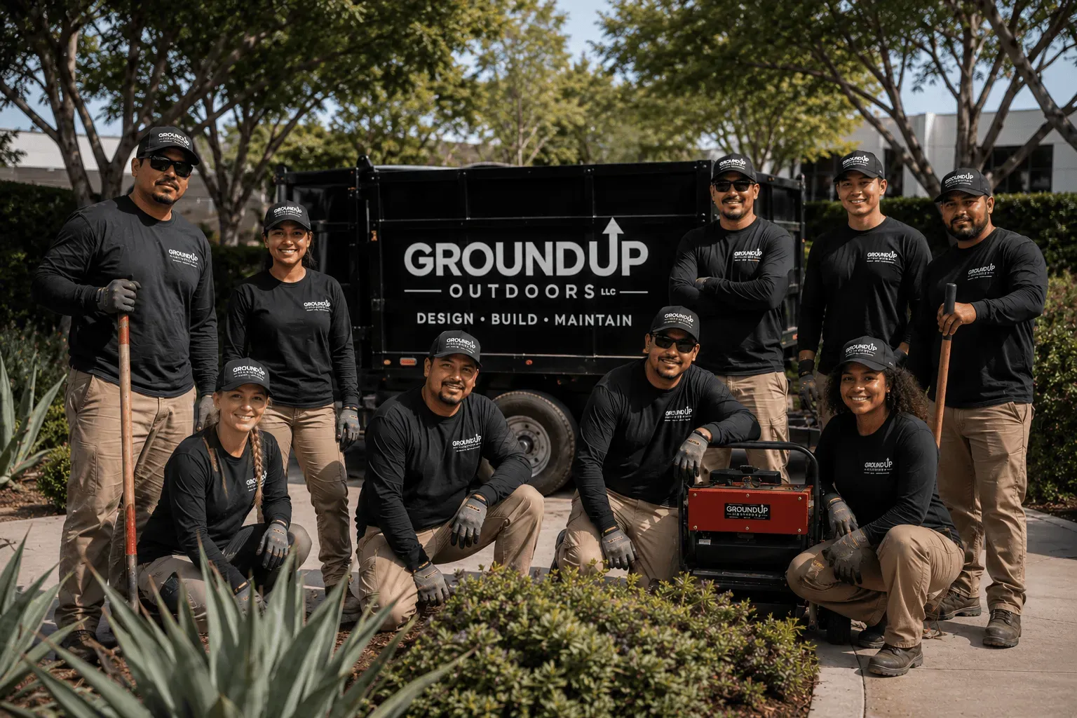 The Ground Up Outdoors crew in branded uniforms posing in front of a company truck at a Southern California job site